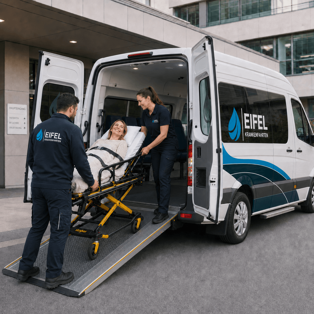 Team von Eifel Krankenfahrten begleitet eine Patientin beim Liegendtransport in ein Fahrzeug vor einer Klinik.